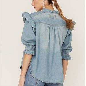 Free People We the Free Louise Denim Ruffle Button Down Top